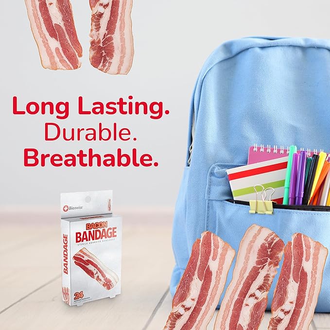 BioSwiss Bandages, Bacon Shaped Self Adhesive Bandage, Latex Free Sterile Wound Care, Fun First Aid Kit Supplies for Kids, 24 Count-CubbioJoy