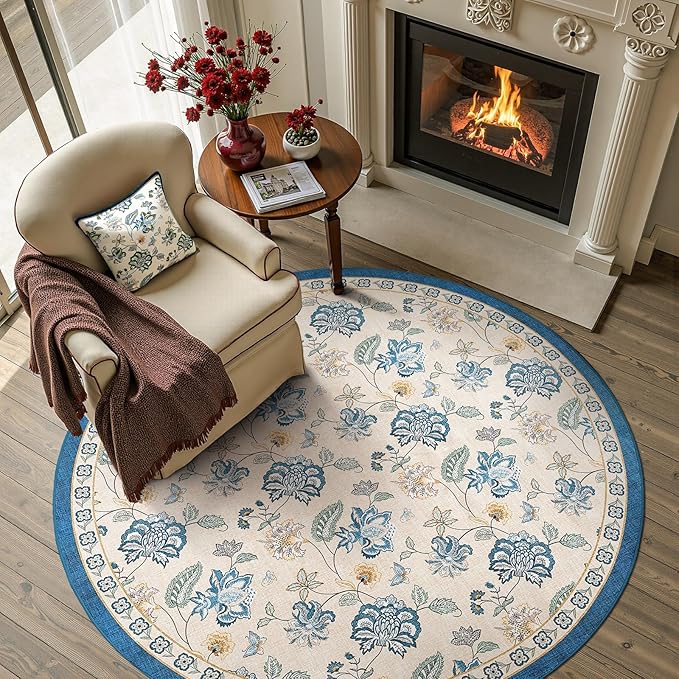 jinchan 5ft Floral Round Rug for Entryway Washable Kitchen Rug Vintage Romance Design Non Slip Indoor Doormat Lightweight Low-Profile Throw Carpet for Living Room Dining Room Bedroom, Blue/Beige-CubbioJoy