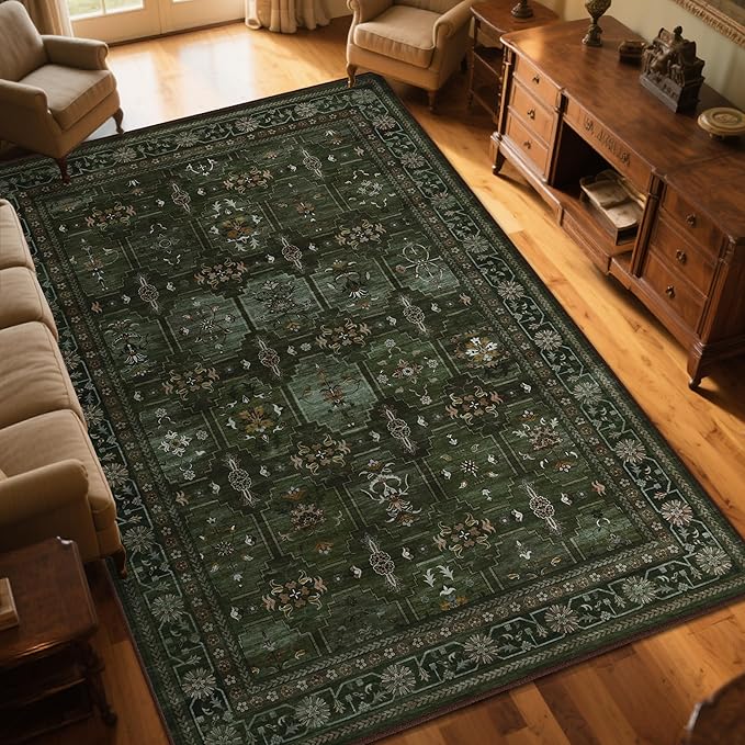 4x6 Area Rug for Bedroom Machine Washable, Non Slip Vintage Floral Kitchen Rugs for Dining Room, Low Pile Indoor Floor Print Carpet for Nursery Farmhouse Home Office Dark Green-CubbioJoy