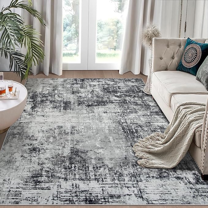 4x6 Area Rugs for Living Room Rug Washable: Modern Large Rug for Dining Room Bedroom Carpet Non Slip Low Pile 4 by 6 Indoor Abstract Nursery Home Office Black Grey-CubbioJoy