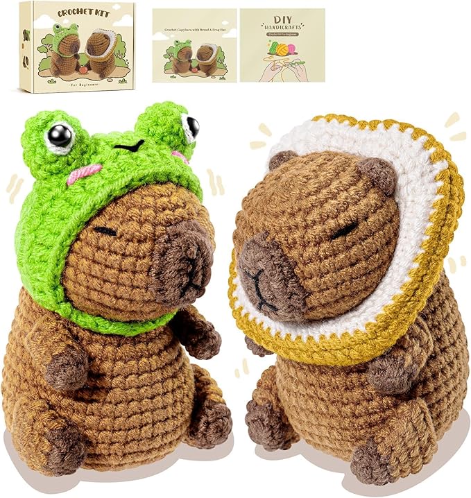 Capybara Crochet Kit for Beginners, 2PCS Capybara with Frog and Bread Hats Crochet Animal Kit with Step-by-Step Video Tutorials, Starters Crocheting Kits, Stuffed Animals Knitting Kit for Kids Adults-CubbioJoy