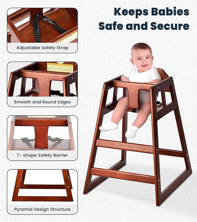 Alpine Wooden High Chairs for Babies and Toddlers with Safety Strap, Commercial Grade Restaurant High Chair, Durable Wood Space Saver Baby Feeding Chair, Ideal for Dining Spaces (2 Pack, Mahogany)-CubbioJoy