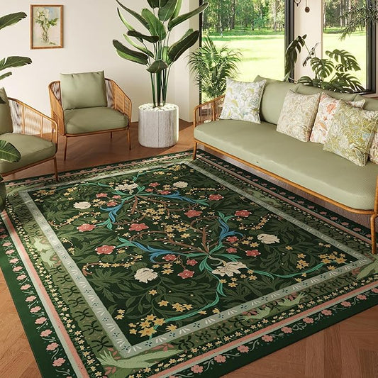 5x7 Washable Rug Vintage Floral Botanical Area Rug Non Slip Low Pile Large Rugs for Living Room, Bedroom, Farmhouse, Dining Room, Kids Playroom, Green-CubbioJoy