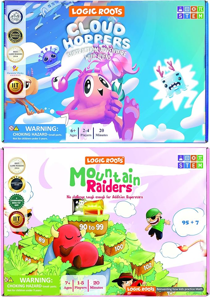 Addition and Subtraction Games - Pack of 2, Cloud Hoppers & Mountain Raiders, Math Board Games and STEM Toys for 7 Year and Up, Gift for Kids (Girls & Boys), Homeschoolers, Grade 1 & Up-CubbioJoy