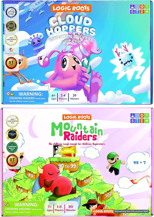Addition and Subtraction Games - Pack of 2, Cloud Hoppers & Mountain Raiders, Math Board Games and STEM Toys for 7 Year and Up, Gift for Kids (Girls & Boys), Homeschoolers, Grade 1 & Up-CubbioJoy