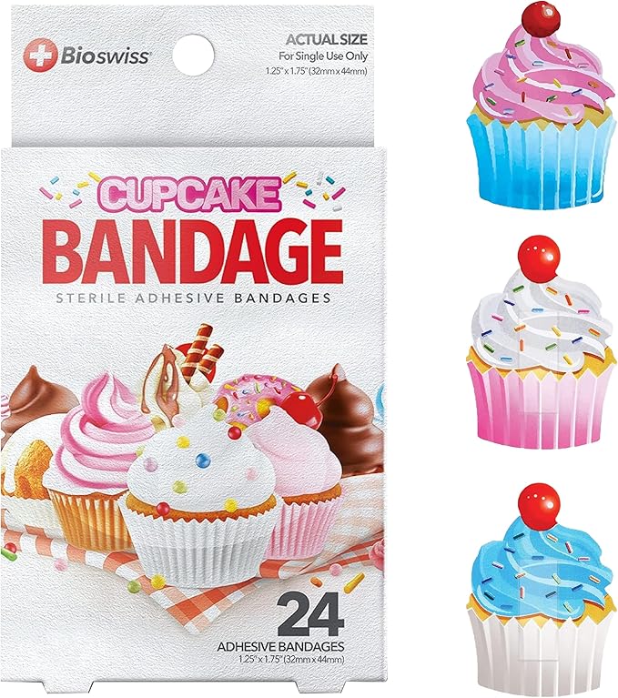 BioSwiss Bandages, Cupcake Shaped Self Adhesive Bandage, Latex Free Sterile Wound Care, Fun First Aid Kit Supplies for Kids, 24 Count-CubbioJoy