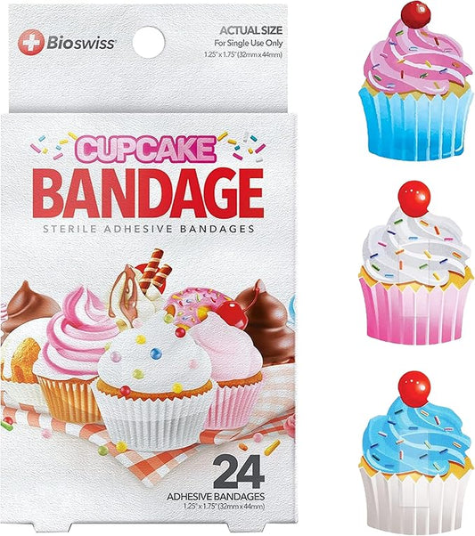 BioSwiss Bandages, Cupcake Shaped Self Adhesive Bandage, Latex Free Sterile Wound Care, Fun First Aid Kit Supplies for Kids, 24 Count-CubbioJoy