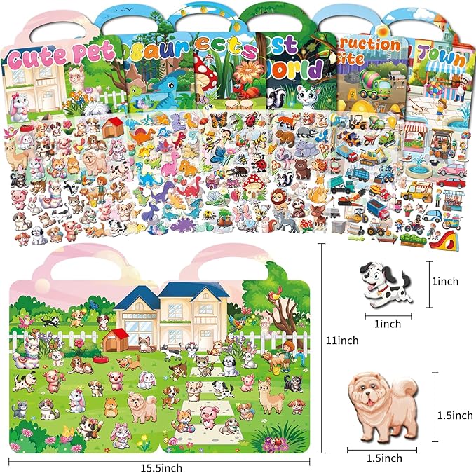 6 Set Reusable Sticker Books for Toddlers 2-4,1-3, Kids 3D Puffy Stickers (Dinosaurs, Forest, Town, Pets, Construction, Insects), Sticker Activity Books-CubbioJoy