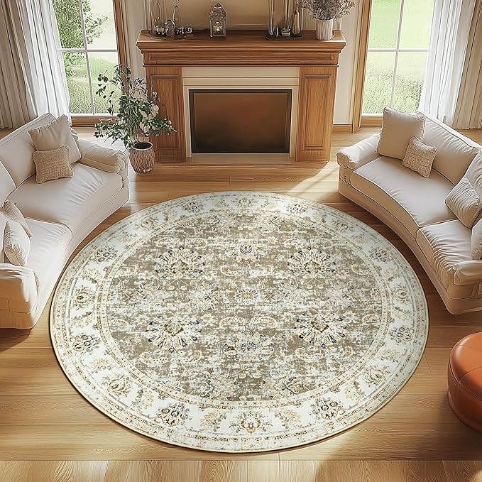 jinchan Round Rug 7ft Area Rugs - Vintage Floral Distressed Design Machine Washable Non-Slip Low-Pile Ultra-Thin Circle Rug for Living Room Dining Room Bedroom Home Office Farmhouse (7' Round,Taupe)-CubbioJoy