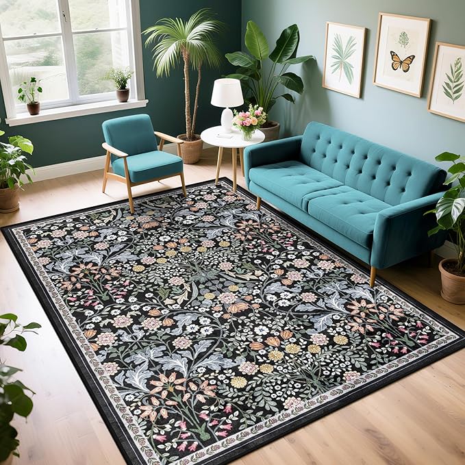 Area Rug Living Room Rugs: Floral 5x7 Washable Rug Vintage Soft Boho Non-Slip Carpet Indoor Stain Resistant Large Carpets for Bedroom Dining Room Farmhouse Nursery Hallway Home Office Dark Black-CubbioJoy