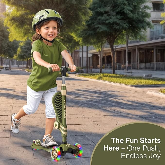 Army 3 Wheel Scooter with Seat for Kids – Light-Up LED Wheels, Adjustable Handlebar and Seat, Smooth PU Wheels, Wide Anti-Slip Deck, Rear Foot Brake – Toddler Outdoor Toys for Ages 2+-CubbioJoy