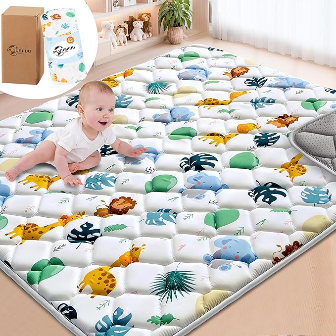 Baby Play Mats for Floor, 71x59 Playpen Mat for Babies, Extra Thicker & Soft Floor Crawling Mat, Foldable Non-Slip Playmat Cushioned for Infants Toddlers, Cute Animal Design-CubbioJoy