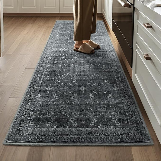 2x6 Washable Kitchen Runner Rug for Hallways, Non Slip Laundry Runners for Bathroom, Low Pile Rubber Backed Rugs for Entryway, Vintage Floral Carpet for Living Room Bedroom Black/Gray-CubbioJoy
