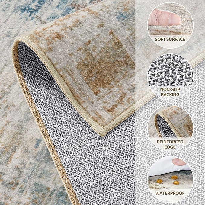 Area Rug for Living Room: 3x5 Washable Neutral Abstract Modern Soft Rugs Non Slip Indoor Floor Stain Resistant Carpet for Bedroom Dining Room Office Nursery - Blue Brown-CubbioJoy