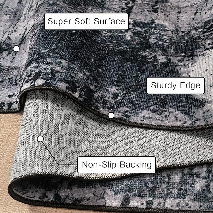Area Rug Living Room Rug, 5x7 Modern Abstract Washable Rug Black Non Slip Foldable Faux Wool Vintage Carpet, Fluffy Non-Shedding Rugs for Living Room, Bedroom, Dining Room, Kids Playroom-CubbioJoy
