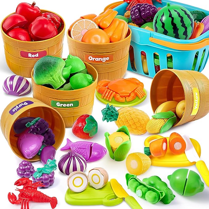 JOYIN Learning Toys Play Food Set for Toddlers, Cutting Food for Preschool Activities, Pretend Play Kitchen Accessories for Kids, Color Sorting Set for Boys & Girls, Daycare Educational Toy-CubbioJoy