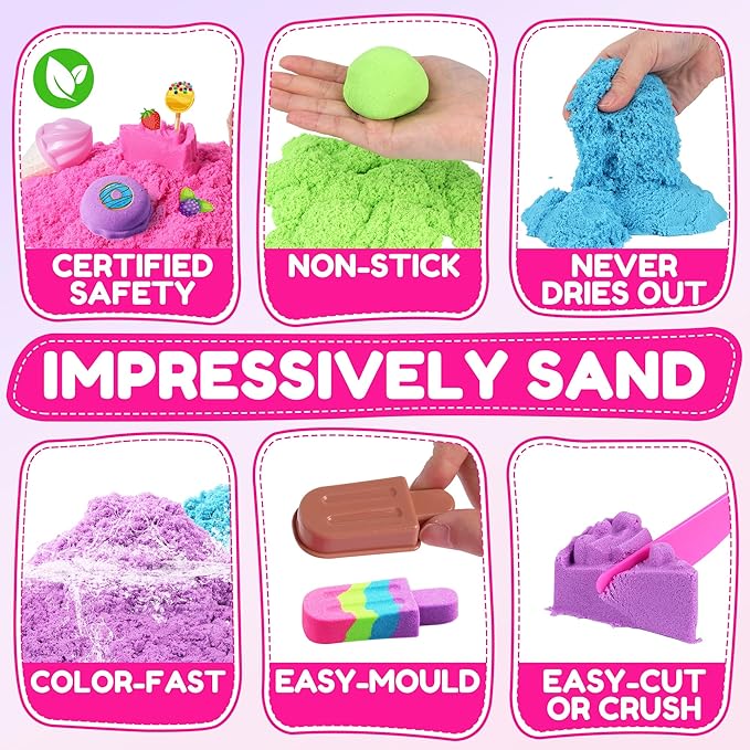 Cake & Ice Cream Sensory Bin Sand Toy, Sand Kit Sensory Toys w/lid and 4 Color Magic Sand 2.2lbs, Molds, Tools Set 43pcs Total for Toddlers, Fun Gift for Kids 3+-CubbioJoy