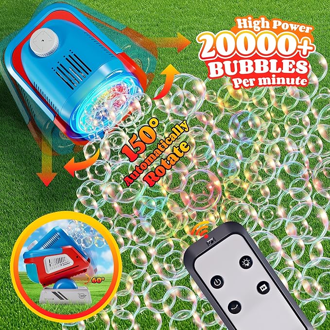 2025 Upgraded Bubble Machine with Remote Control, Automatic Rotation & RGB Lights, 1800mAh Rechargeable Battery, Type-C Charge, Bubble Maker for Kids, Weddings, Birthday Parties, Outdoor Activities-CubbioJoy