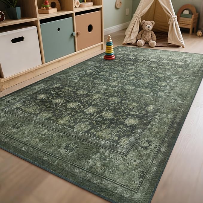 5x7 Washable Area Rug for Living Room, Non Slip Vintage Floral Rugs for Bedroom, Retro Indoor Floor Carpet for Kitchen, Dining Room, Farmhouse, Classroom (Distressed Green)-CubbioJoy