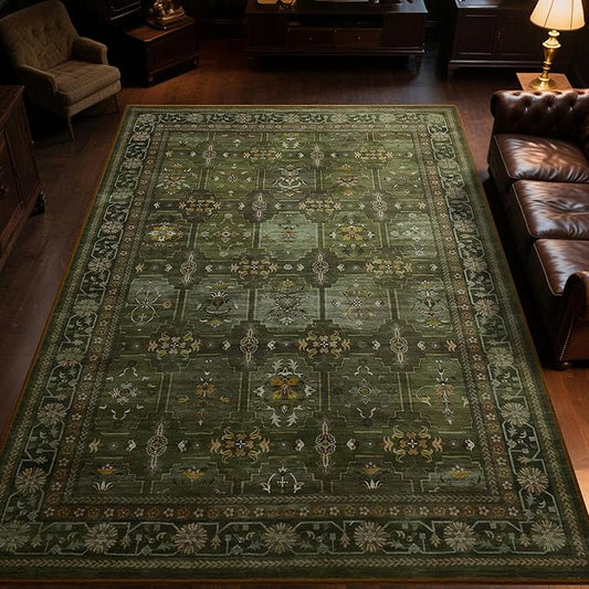 8x10 Washable Area Rug for Living Room, Non Slip Vintage Floral Print Rugs No Shedding, Distressed Thin Retro Accent Carpet for Bedroom Nursery Farmhouse Dining Room Dark Green-CubbioJoy