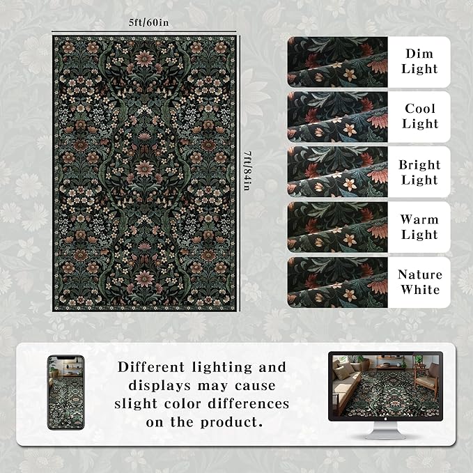 5×7 Black Washable Floral Area Rug,Vintage Boho Soft Low-Pile Living Room Rugs, Stain Resistant Botanical Non-Slip Carpet for Bedroom,Dining Room, Kids Nursery,Home Decor-CubbioJoy