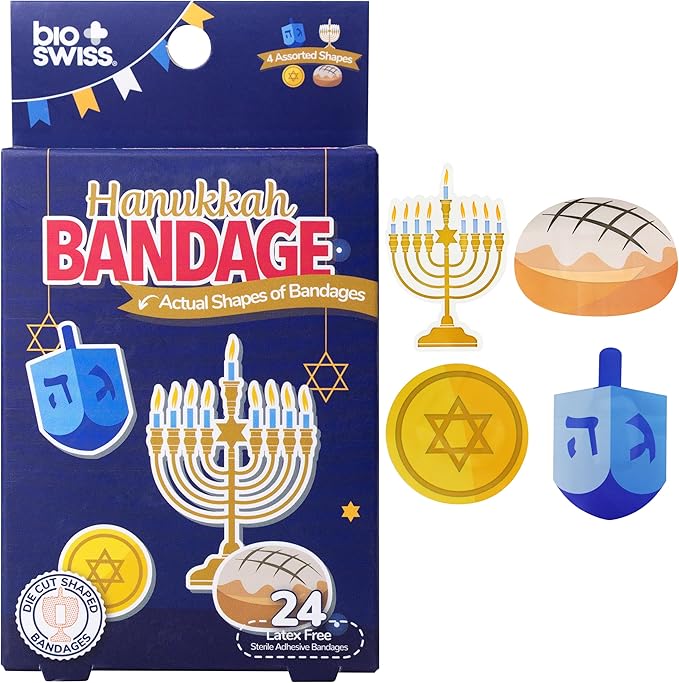 BioSwiss Bandages, Hanukkah Shaped Self Adhesive Bandage, Latex Free Wound Care, Fun First Aid Kit Supplies for Kids and Adults, 24 Count-CubbioJoy