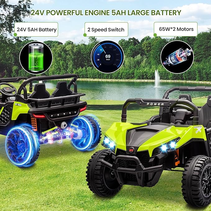 24V 2 Seater Ride On Car Truck, Power Wheels Kids UTV w/Parent Remote Control, 3.1 MPH Max Speed, Music Player, LED Lights & Storage, Electric Vehicle Ride On Toy for Kids Toddler Ages 3-8, Green-CubbioJoy