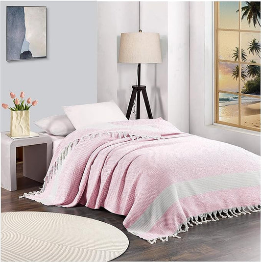 Breathable Bedspread Woven Blanket Cooling Queen Full Size Quilt Thin Comforter Boho Bed Bedroom Thing Girl Aesthetic Preppy Stuff Cute Accessories Girly Room Aesthetic College Student Dorm Decor Pink-CubbioJoy