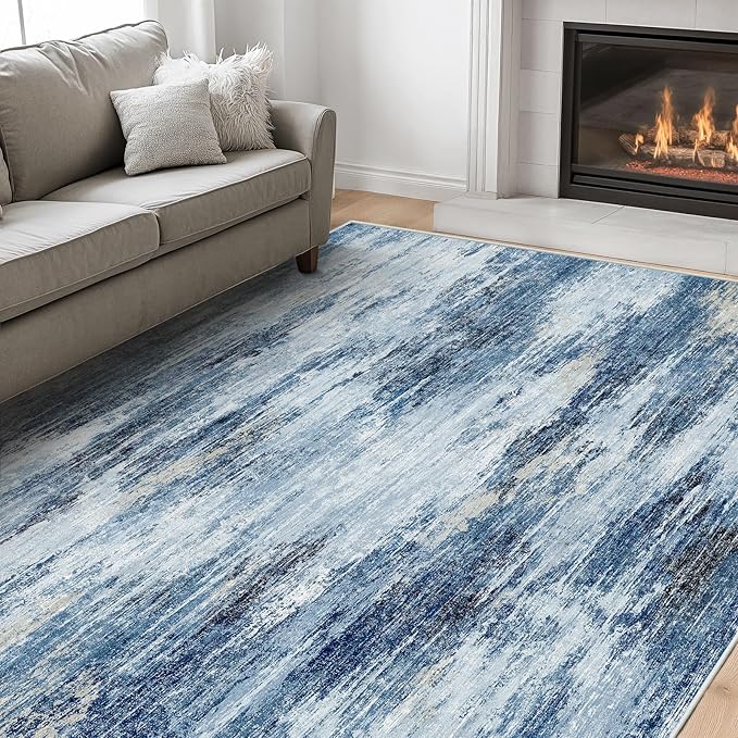 Amada 6x9 Washable Area Rug, Modern Abstract Living Room Rug with Non-Slip Backing & Short Pile, Large Rug with Abstract Pattern for Living Room, Bedroom and Dinning Room, Blue-CubbioJoy