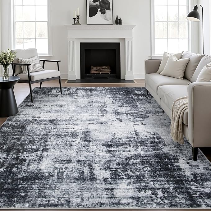9x12 Area Rug Living Room Rug: Washable Modern Abstract Soft Thin Rug Indoor Floor No Slip Stain Resistant Carpet for Bedroom Dining Room Farmhouse Nursery Home Office - Dark Black-CubbioJoy