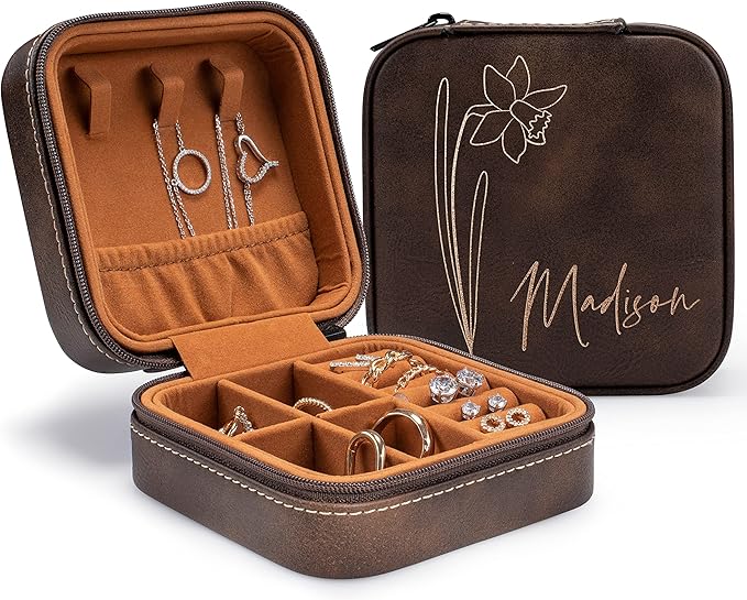 Custom Leather Jewelry Box w/Name & Birth Flower Month - Birthday Gifts for Women, Personalized Jewelry Travel Case - Customized Jewelry Organizer Box, Mom Birthday Gifts - Rustic-CubbioJoy