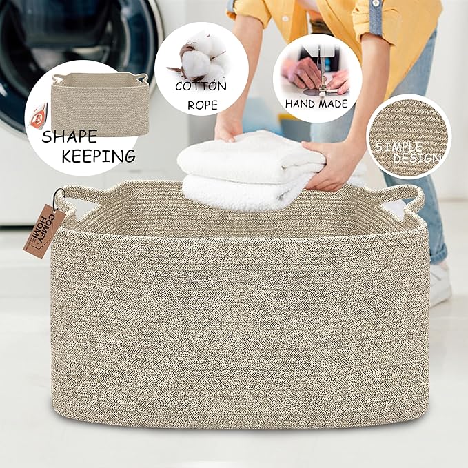 COMFY-HOMI Large Rectangular Blanket Basket, Woven Cotton Rope Baskets for Storage, Laundry Hamper Basket, Storage Bin,Toy Organizing Bin with Handle, Organization and Storage-22x15x12”-Brown-CubbioJoy