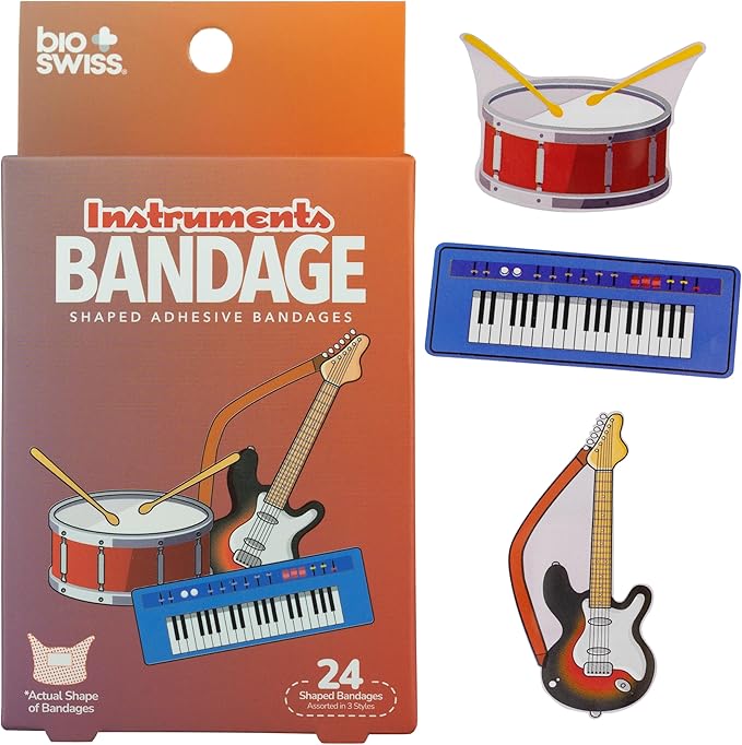 BioSwiss Bandages, Musical Instruments Shaped Self Adhesive Bandage, Latex Free Sterile Wound Care, Fun First Aid Kit Supplies for Kids and Adults, 24 Count-CubbioJoy