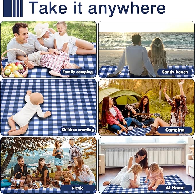 80"x80" Extra Large Waterproof Outdoor Mat - Sandproof Foldable Picnic Blanket for Family Camping, Backyard, Beach Parties - Heavy Duty & Easy Storage (Blue&White)-CubbioJoy