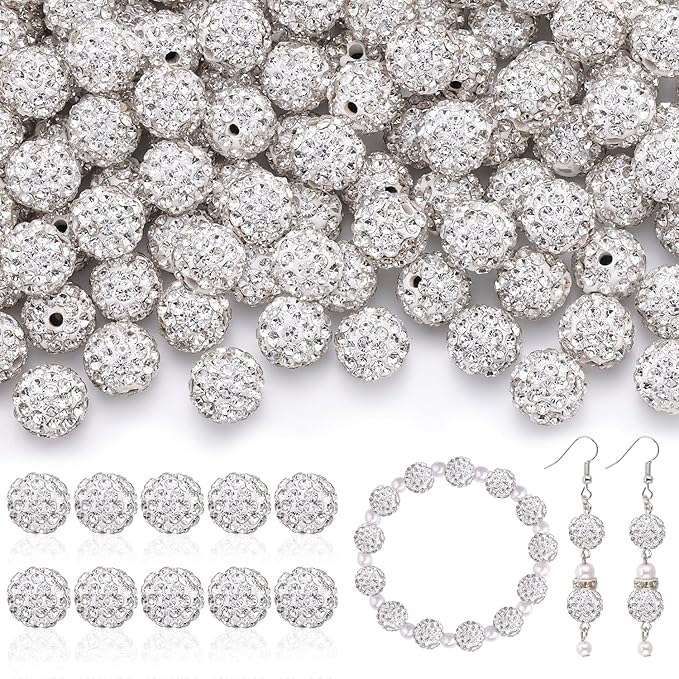 160pcs 10mm Rhinestone Beads for Jewelry Making, White Shiny Round Disco Ball Beads Bulk, Sparkle Crystal Clay Christmas for Bracelet Baseball Necklace Earring Crafting and DIY-CubbioJoy