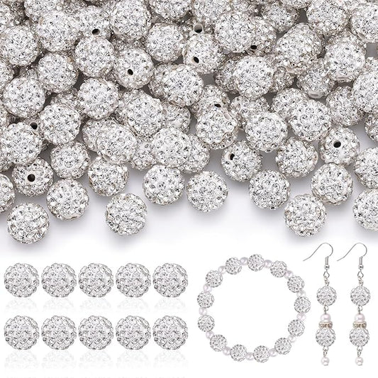 200pcs 10mm Rhinestone Beads for Jewelry Making, White Shiny Round Disco Ball Beads Bulk, Sparkle Crystal Clay Christmas for Bracelet Baseball Necklace Earring Crafting and DIY-CubbioJoy