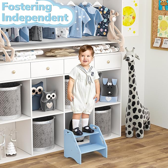 AMBIRD Wooden Step Stool, Two Step Stools 300 lbs Capacity with Safety Non-Slip Pads and Handles, Bamboo Step Stool for Bathroom, Kitchen Dual Height Step Stools for Kids (Sky Blue)-CubbioJoy