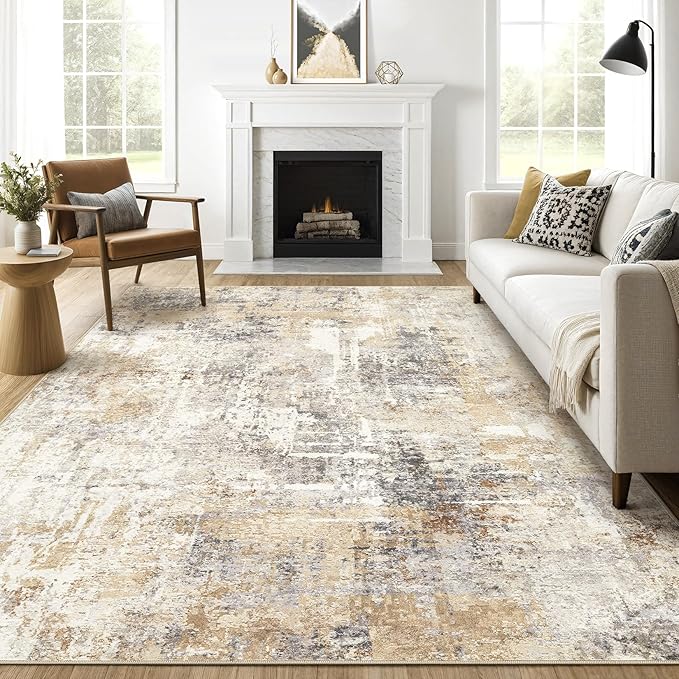 7x9 Area Rug Living Room: Machine Washable Large Abstract Modern Soft Rugs Stain Resistant Indoor Floor Non Slip Accent Carpet for Bedroom Nursery Playroom Office Dining Room Dorm Home- Gray Gold-CubbioJoy