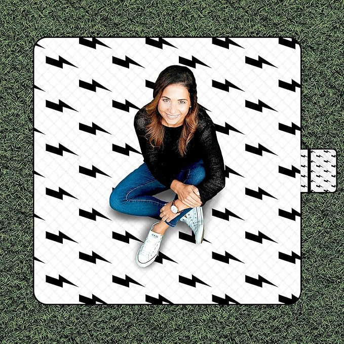 79''x79'' Extra Large Picnic Blankets, Waterproof Sandproof Foldable Outdoor Picnic Mat, Portable 3-Layer Fabric Beach Blanket for Camping, Park, Travel, Family Friends-Stylish Lightning Pattern-CubbioJoy