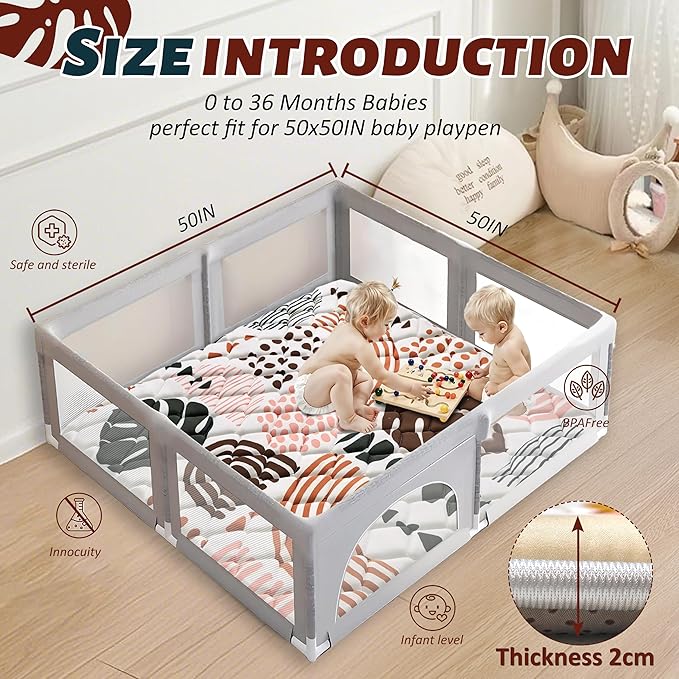 Baby Play Mats for Floor, 50x50 Playpen Mat for Babies, Extra Thicker & Soft Floor Crawling Mat, Foldable Non-Slip Playmat for Infants Toddlers, Boho Leaf Dark Brown-CubbioJoy