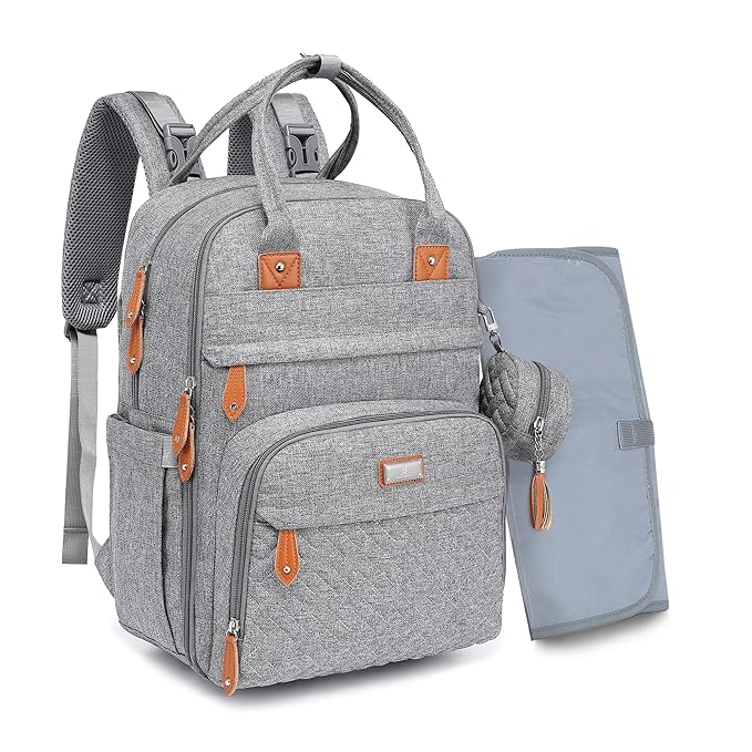 BabbleRoo Diaper Bag Backpack - Baby Essentials Travel Tote - Multi Function Waterproof Diaper Bag, Travel Essentials Baby Bag with Changing Pad, Stroller Straps & Pacifier Case - Unisex, Light Gray-CubbioJoy
