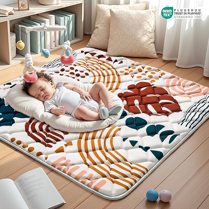 Baby Play Mats for Floor, 47x47 Playpen Mat for Babies, Extra Thicker & Soft Floor Crawling Mat, Foldable Non-Slip Playmat Cushioned for Infants Toddlers, Boho Leaf Design-CubbioJoy