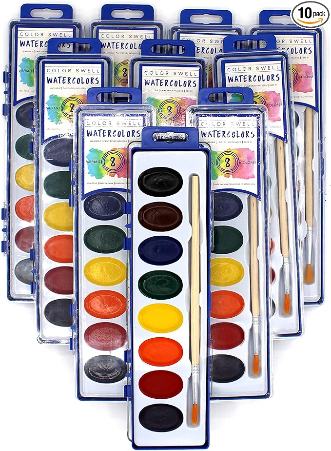 Color Swell Bulk Watercolor Paint 10 Pack with Wood Brushes 8 Washable Water Colors for Kids, Classrooms, Parties, All Ages-CubbioJoy