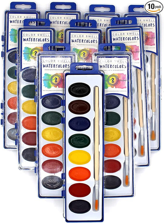 Color Swell Bulk Watercolor Paint 10 Pack with Wood Brushes 8 Washable Water Colors for Kids, Classrooms, Parties, All Ages-CubbioJoy