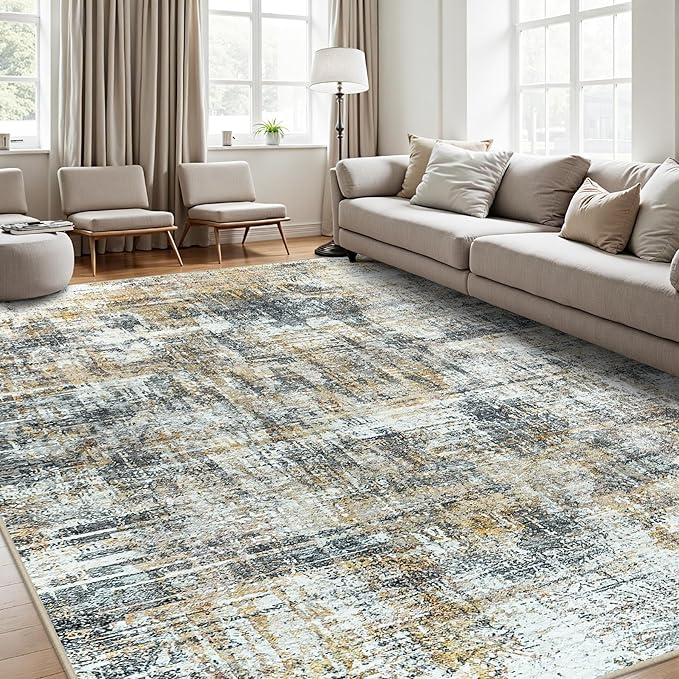 Area Rug 9x12 Washable Rugs: Abstract Large Living Room Rugs with Non-Slip Backing, Stain Resistant Indoor Floor Carpet for Bedroom Dining Room Table Nursery Hallway Home Office Brown/Gray-CubbioJoy