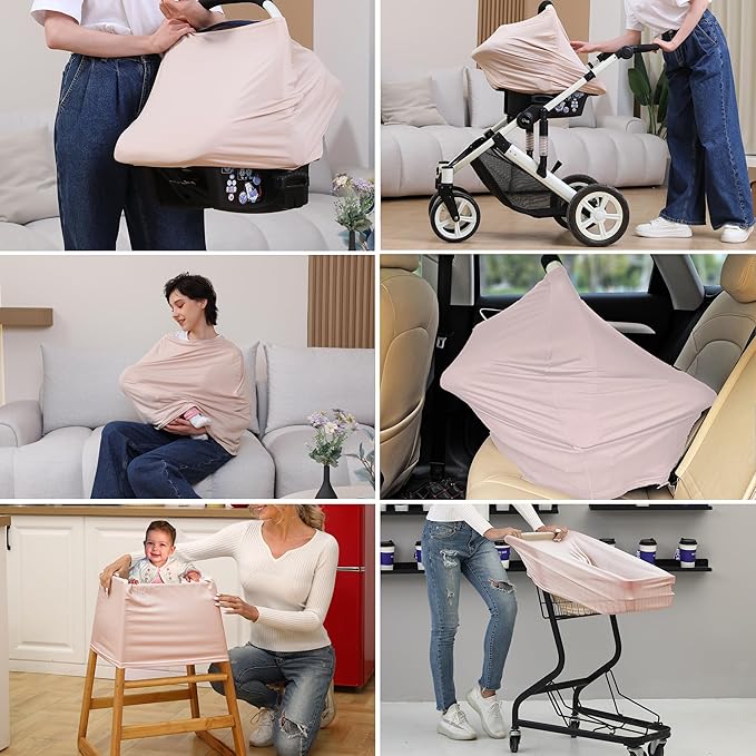 Breathable Car Seat Cover for Babies – Multi-Purpose Soft Rayon Nursing Cover for Breastfeeding, High Stretchy Infant Carseat Canopy, Stroller Cover (Smooth Rayon, Warm Natural)-CubbioJoy