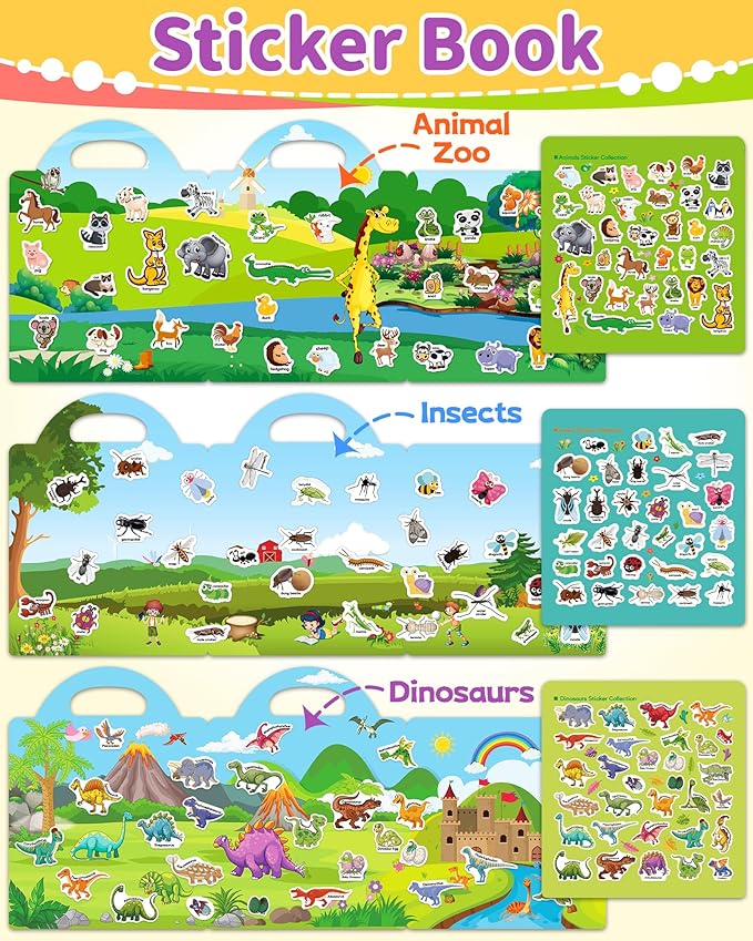 Benresive Reusable Sticker Books for Kids 2-4, Sticker Books for Toddlers 1-3 2-4, Toddler Travel Toys Activities Crafts Gifts - Animals, Dinosaurs and Insect-CubbioJoy