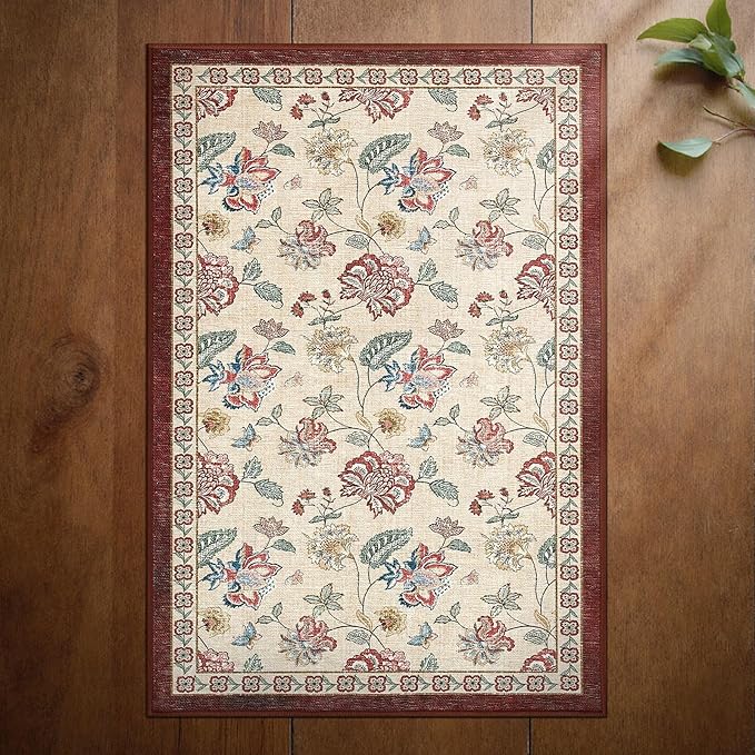 jinchan 2x3 Floral Rug for Entryway Washable Kitchen Rug Vintage Romance Design Small Mat Non Slip Indoor Doormat Lightweight Low-Profile Throw Carpet for Entrance Bathroom Laundry Room, Red/Beige-CubbioJoy