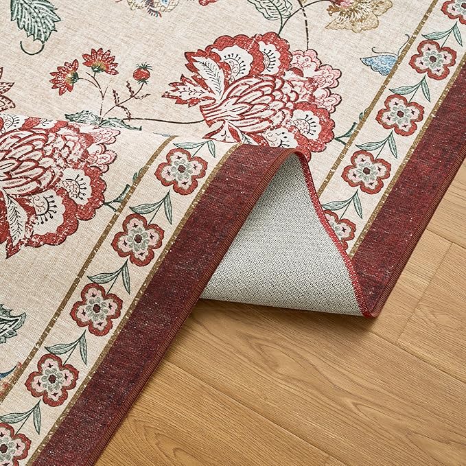 jinchan 6ft Floral Round Rug for Dining Room Washable Living Room Rug Vintage Romance Design Non Slip Indoor Floor Cover Lightweight Low-Profile Throw Carpet for Bedroom Porch Patio, Red/Beige-CubbioJoy