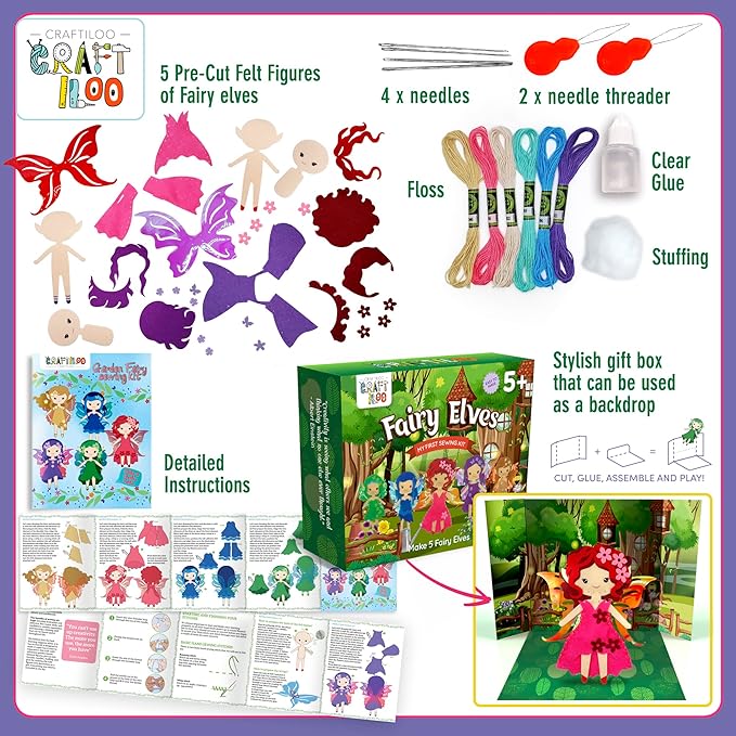 CRAFTILOO Fairy Elves Sewing Kit for Kids, Fun and Educational Fairytale Craft Set for Boys and Girls Age 7-12, Sew Your Own Felt Fairy Craft Kit for Beginners (Garden Rainbow Fairies Kit)-CubbioJoy
